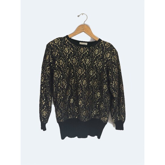 Destinee Womens S 70s Lambswool Sweater Black Gold Metallic Floral Lace Vintage - Picture 2 of 16